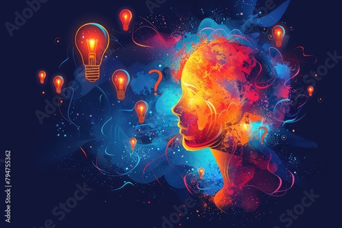 An abstract representation of a content creators mind, visualizing the brainstorming process for engaging posts, surrounded by lightbulbs and question marks photo
