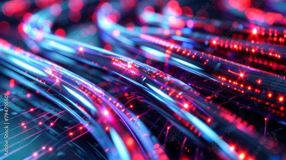 Data cables transferring at high speed abstract concept with blue and red tones