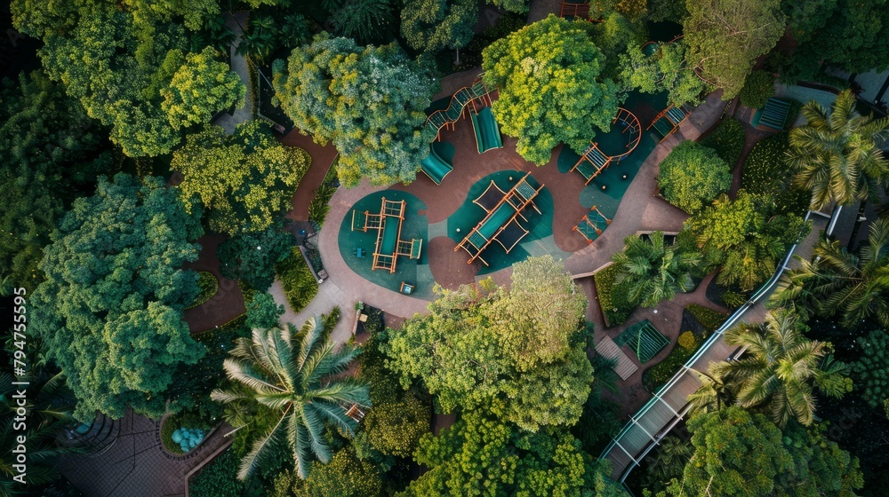 A drones birdseye perspective of a park showcasing trees, benches, and a playground area