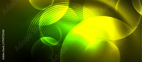 Electric blue tints and shades blend with water and terrestrial plant macro photography, creating a symmetrical pattern of glowing green circles on a dark background