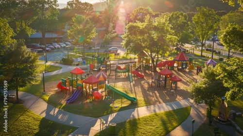 A vibrant childrens play area seen from above, showcasing kids playing, sliding, swinging, and having fun