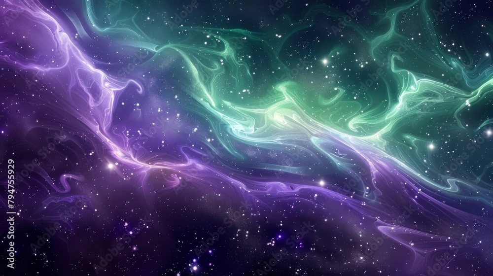 Vivid shades of purple and green intertwine with white stars in this dazzling space scene.