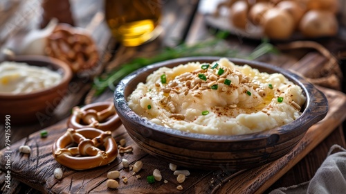 A bowl filled with creamy mashed potatoes placed on a wooden cutting board, creating a rustic culinary scene photo