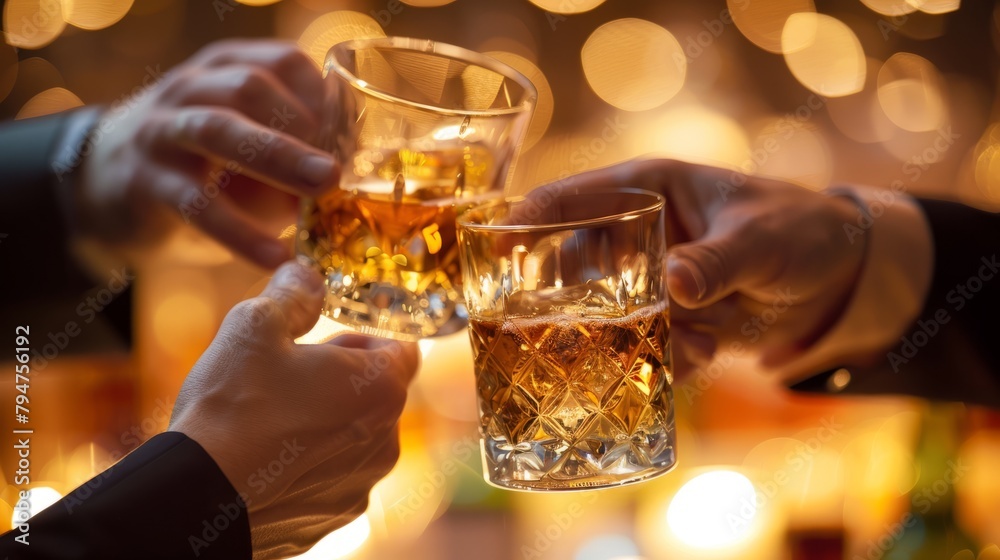 A couple of people are joyfully clinking whisky glasses in a lively gathering with friends, celebrating together