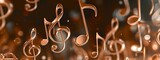 Copper-toned treble clefs and musical notes floating on a bokeh background.