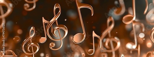 Copper-toned treble clefs and musical notes floating on a bokeh background. photo