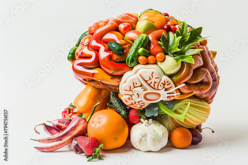 Anatomical brain constructed entirely from assorted fruits and vegetables, in white background photo