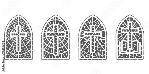 Church glass windows. Stained mosaic catholic and christian frames with cross. Vector outline gothic medieval arches isolated on white background