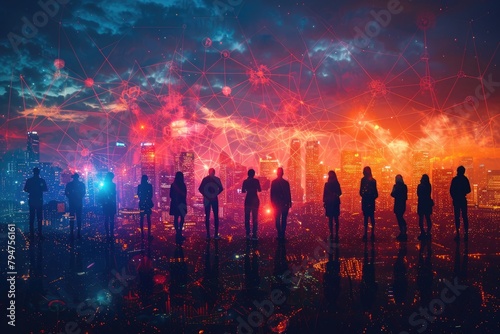 Silhouettes of a diverse group of people connected by a web of pulsating energy lines against a backdrop of the digital world