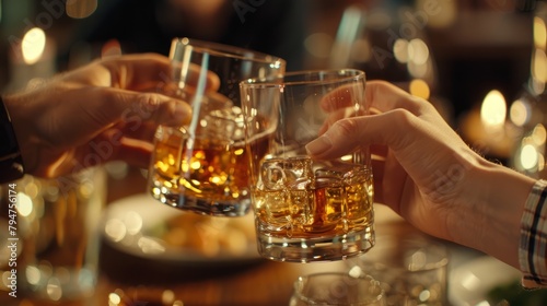 Closeup of friends clinking whisky glasses in a lively gathering, celebrating a special moment with toasts