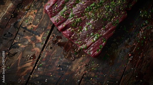A close-up of a raw flank bavette steak with marbled textures, resting on a wooden table with vibrant green herbs as decor