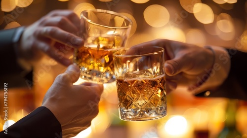 A couple of people are joyfully clinking whisky glasses in a lively gathering with friends  celebrating together