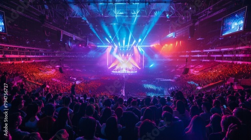 A packed indoor arena at a live music festival, filled with a lively crowd illuminated by bright lights