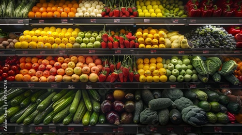 A commercial display case filled with a colorful variety of fruits and vegetables neatly arranged in the produce section