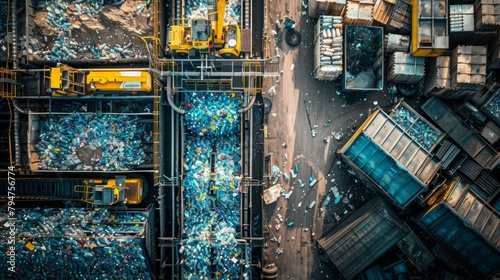 High-angle view of a construction site filled with scattered trash and debris photo