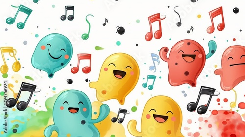 Colorful, happy music notes with faces on a vibrant, paint-splattered background.