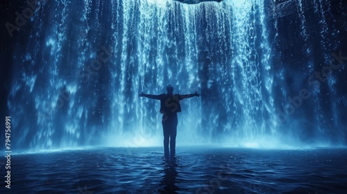 A silhouetted figure stands under a waterfall arms outstretched and head tilted upwards towards the sky. The cascading water symbolizes the cleansing and rejuvenating effects