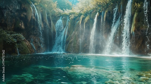 Waterfalls with clear water in Plitvice National Park. copy space for text.