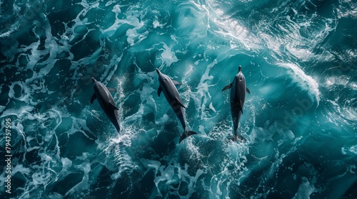 Three dolphins swim and interact in vibrant turquoise ocean waves
