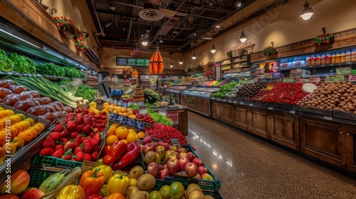 A bustling grocery store filled with assorted fresh fruits and vegetables in a vibrant display that showcases the abundance and quality of produce available