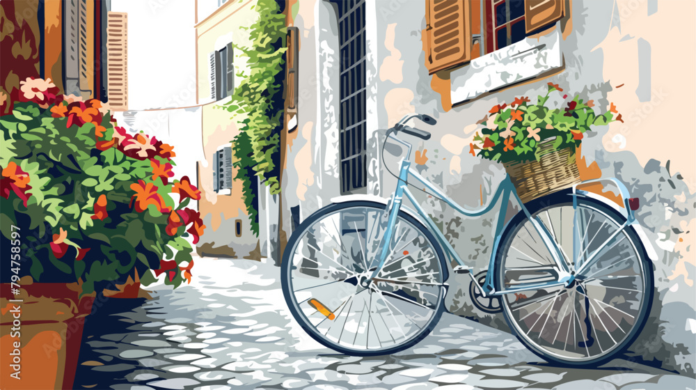 Bicycle with flowers in the old street in Rome Italy