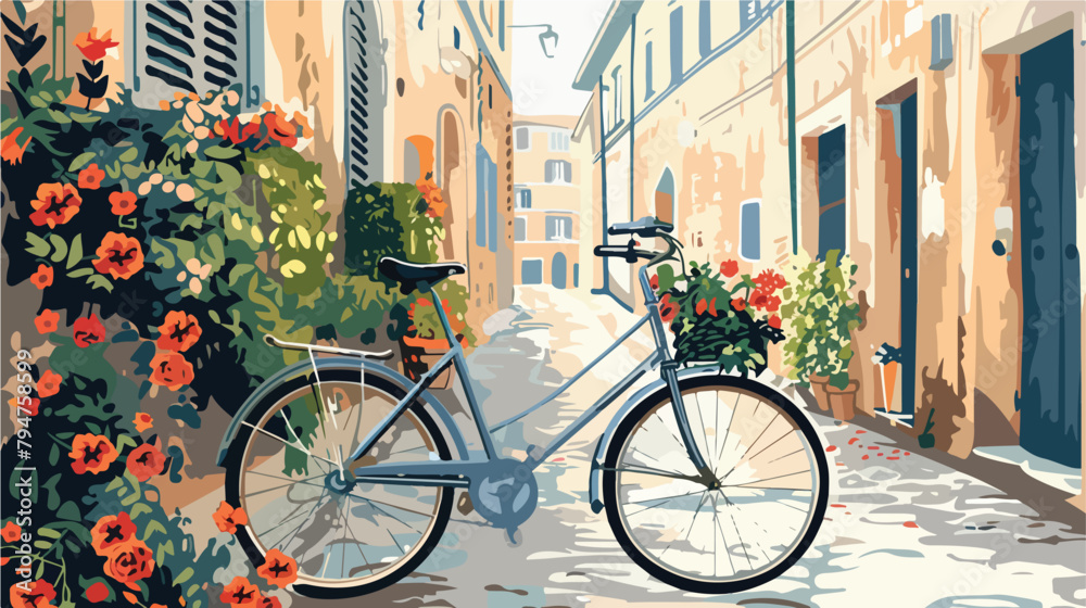 Bicycle with flowers in the old street in Rome Italy
