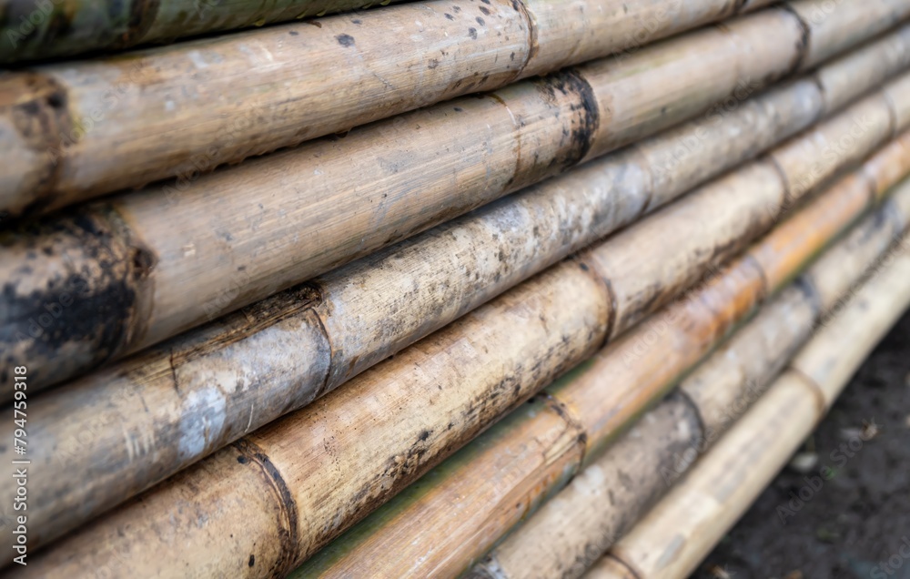A pile of bamboo poles with holes in the middle. A pile of bamboo poles with holes in the middle.