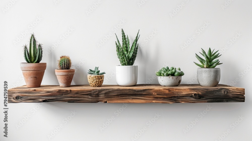Modern home interior with trendy green cacti plants in white pots on wooden shelves, against a white wall, with copy space for text or logo.