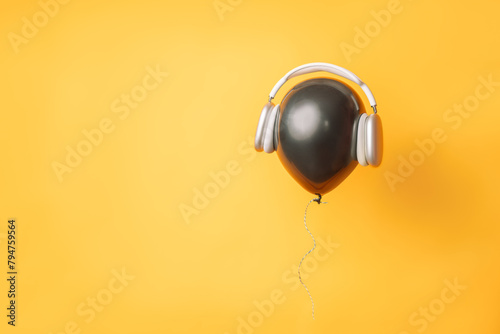 White wireless headphones on a large black balloon against a yellow background.