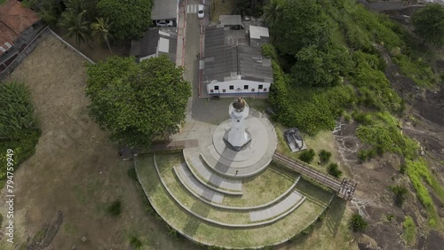 Drone lowers as camera pans up on lighthouse photo