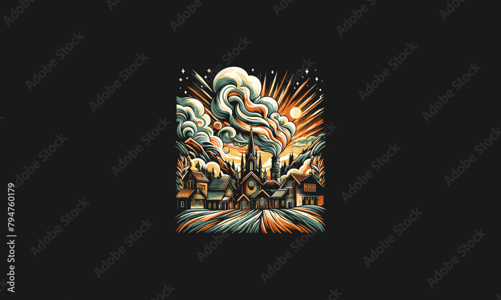 Obraz premium village with smoke night moon vector artwork design