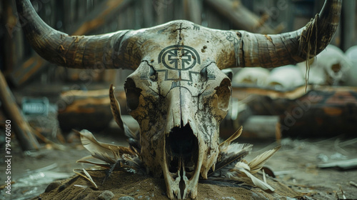 A cow skull decorated with runic symbols and feathers serving as a focal point on a dusty altar. . © Justlight