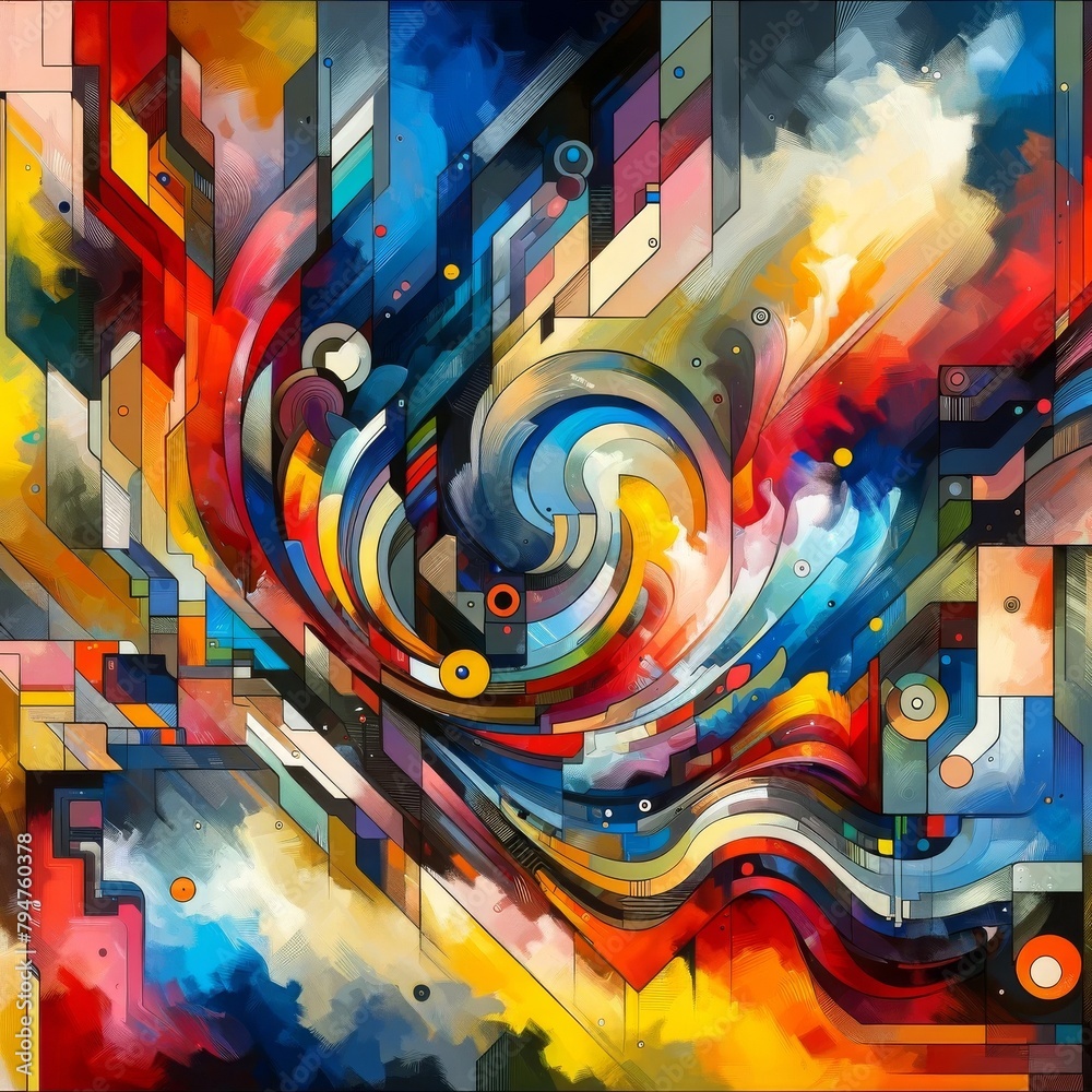  A abstract digital artwork with vibrant colors and dynamic geometric shapes