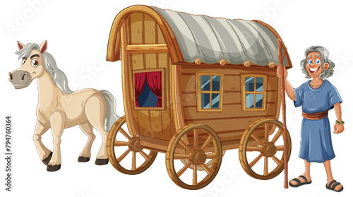 Illustration of elderly woman, horse, and wooden carriage.