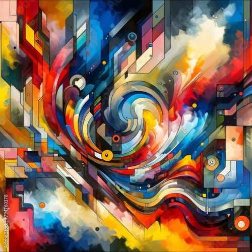  A abstract digital artwork with vibrant colors and dynamic geometric shapes