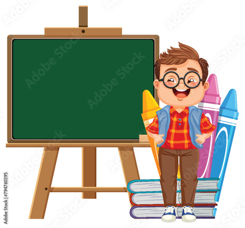 Cartoon schoolboy with books, chalkboard, and art tools.