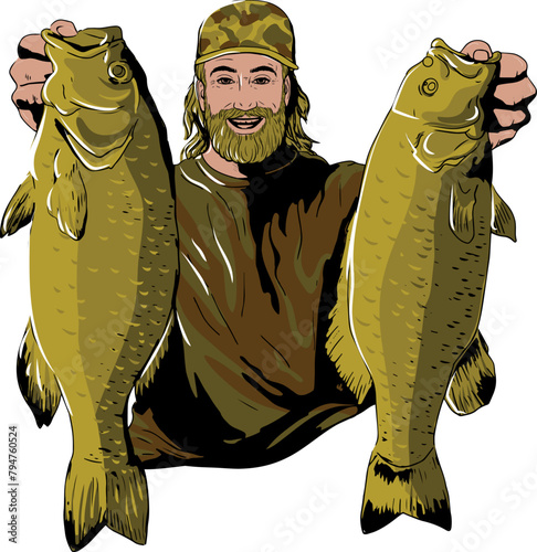 Happy fisherman with big fish, wear a hat long hair, thick mustache and bushy sideburns, beard