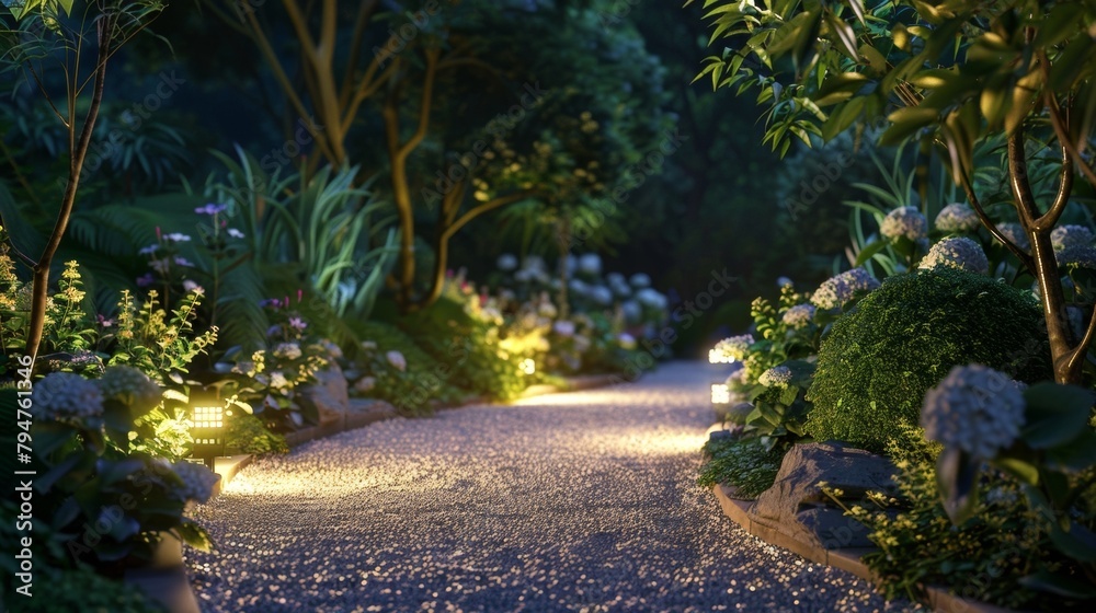 Blank mockup of a picturesque garden pathway illuminated by subtle ground lighting. .