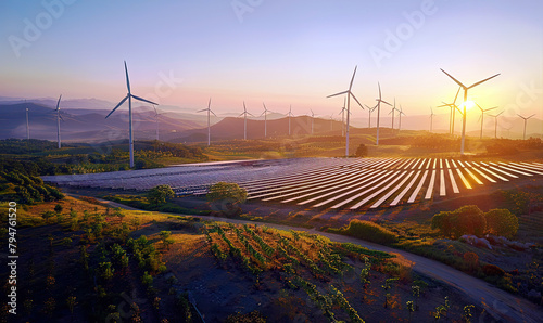 Renewable Energy Landscape at Sunset. Generate AI photo