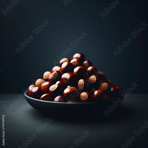 Plate of chestnuts on black surface with dark background