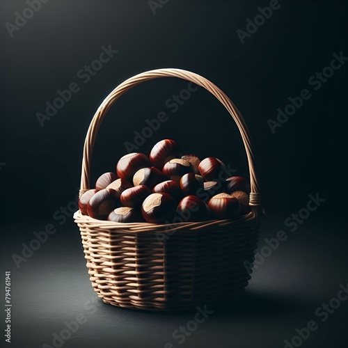 A basket of chestnuts on a black surface with a dark background