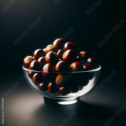 A glass bowl of chestnuts on a black surface with a dark background