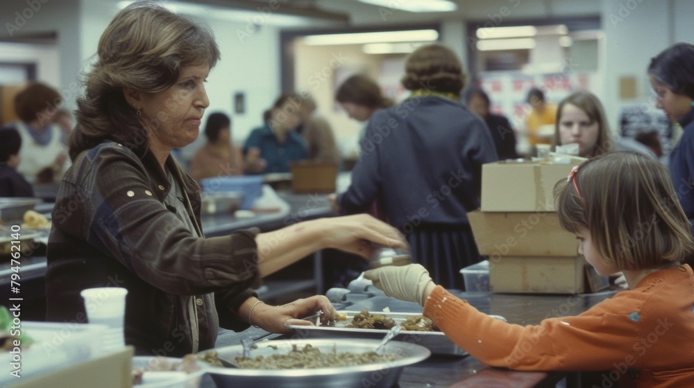 A woman sits at a small desk in a bustling soup kitchen her kind eyes meeting the gaze of a young girl as she serves her a hot meal. Behind her a group of volunteers bustle around . A woman sits at a small desk in a bustling soup kitchen her kind eyes meeting the gaze of a young girl as she serves her a hot meal. Behind her a group of volunteers bustle around .