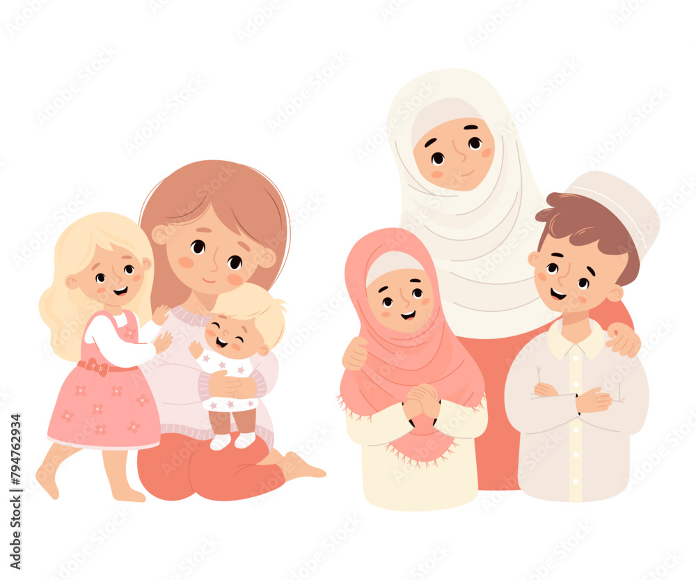 Happy family. Cute islamic woman in hijab and light-skinned mother with smiling children son and daughter. Vector illustration. Characters family of diverse cultures and religions Happy family. Cute islamic woman in hijab and light-skinned mother with smiling children son and daughter. Vector illustration. Characters family of diverse cultures and religions