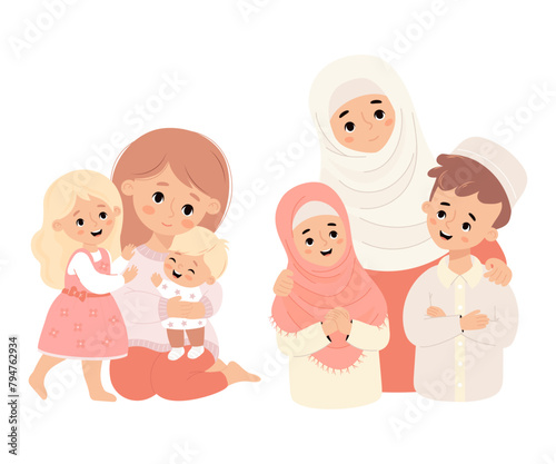 Happy family. Cute islamic woman in hijab and light-skinned mother with smiling children son and daughter. Vector illustration. Characters family of diverse cultures and religions