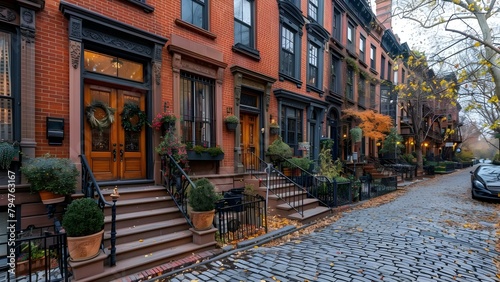 Charming brownstones with decorative brick facades on cobblestone street in city center. Concept Cityscape Photography, Urban Architecture, Historical Buildings, Brick Facades, Cobblestone Streets
