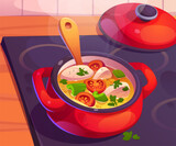 Red pan with vegetables soup on kitchen stove. Hot food smoke and boiling while cooking top view. Open pot with handle kitchenware graphic design. Dinner preparation in bowl on electric cooker