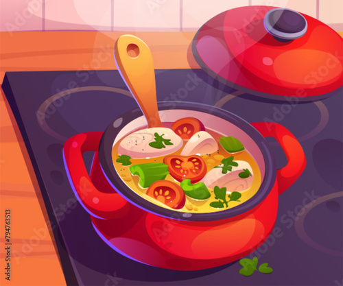Red pan with vegetables soup on kitchen stove. Hot food smoke and boiling while cooking top view. Open pot with handle kitchenware graphic design. Dinner preparation in bowl on electric cooker photo