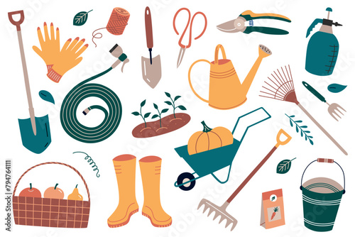 Gardening tools collection, trowel, scissors and shovel icons, vector illustrations of wheelbarrow and bucket in farm, agriculture equipment, instruments for planting and farming, rake and hose doodle