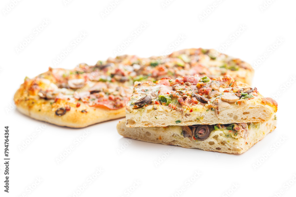 Tasty italian square pizza isolated on white background. Tasty italian square pizza isolated on white background.